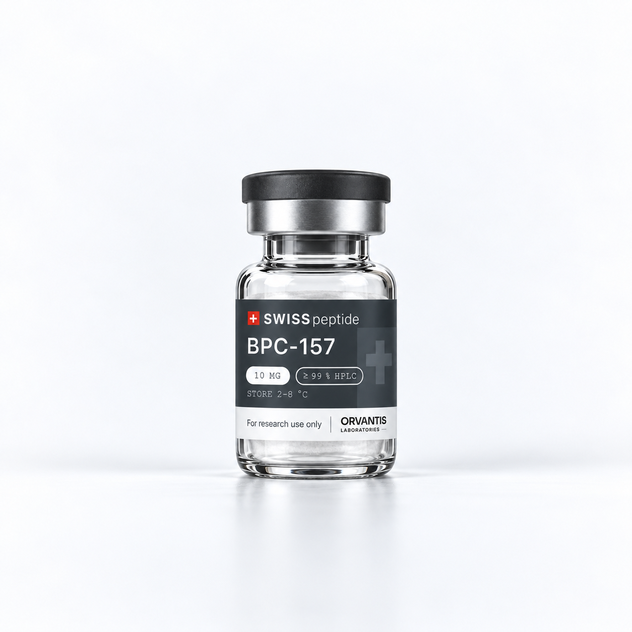 Swiss Peptide BPC-157 10 mg research vial with a charcoal label and dark grey cap