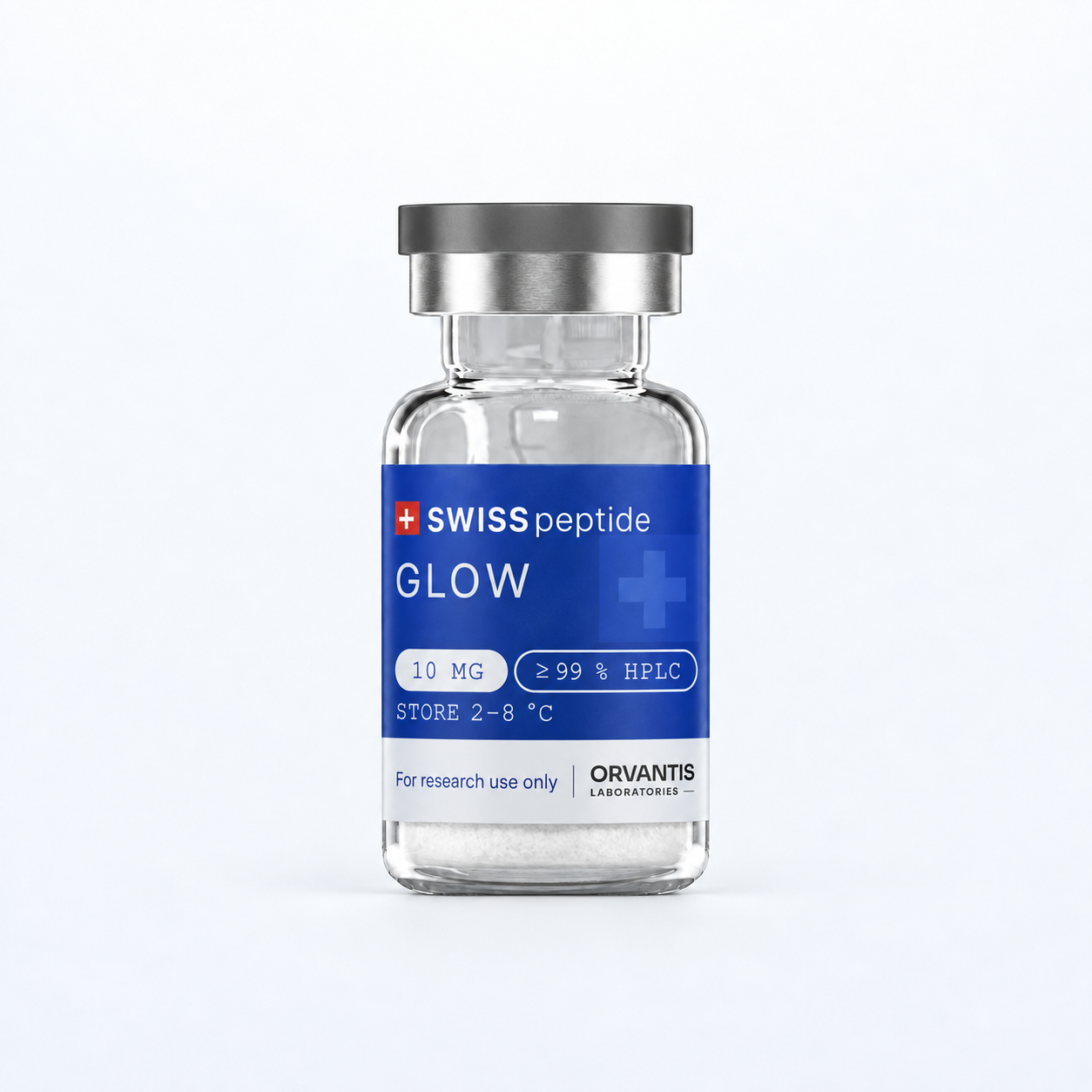 Swiss Peptide GLOW 10 mg research vial with a blue label and dark grey cap