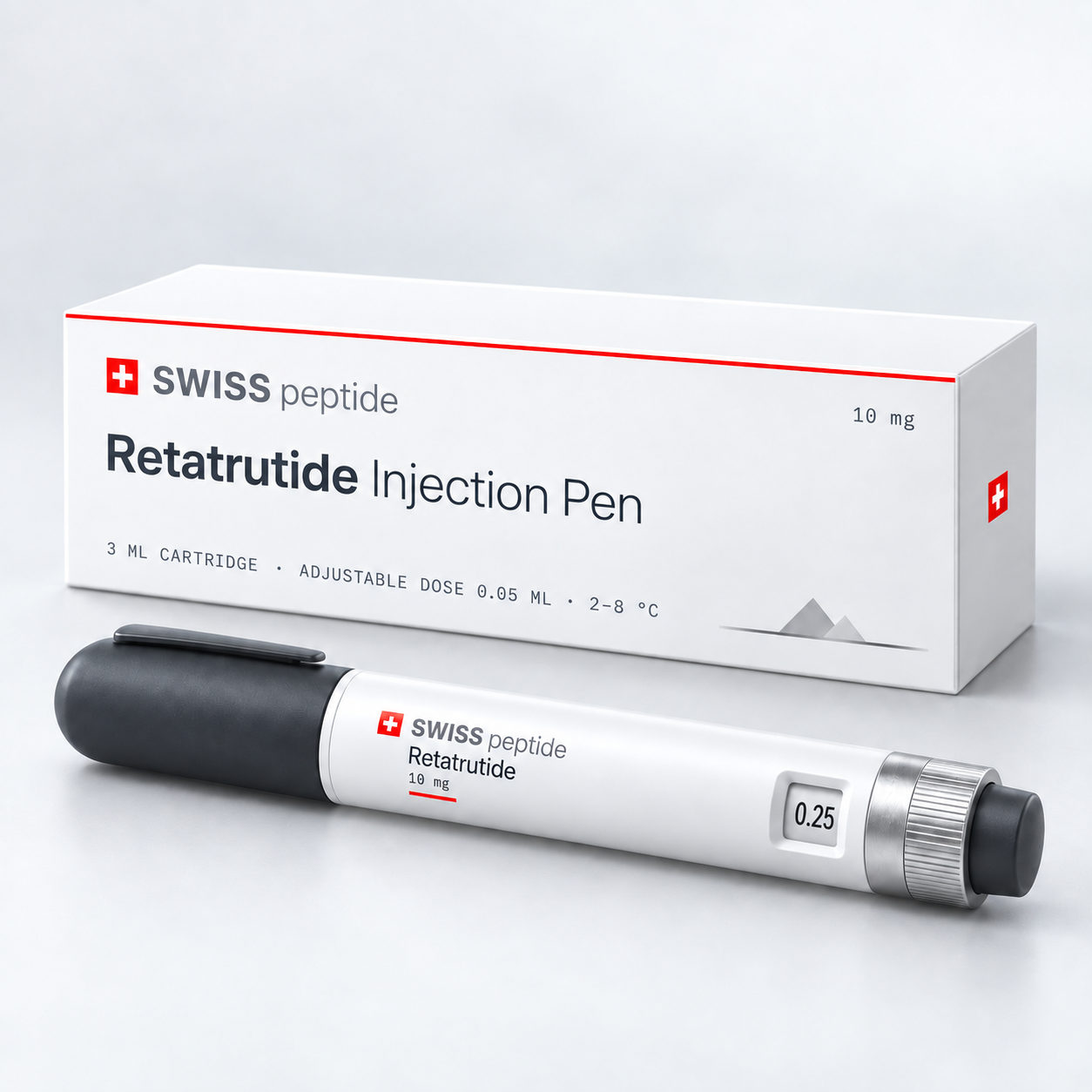 Swiss Peptide Retatrutide 10 mg injection pen with a dark grey cap, shown with its box
