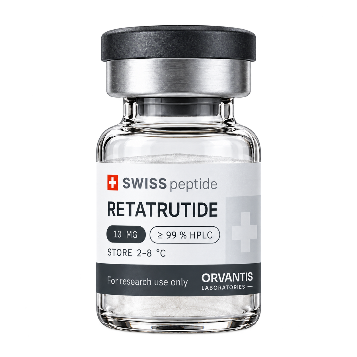 Swiss Peptide Retatrutide 10 mg research vial with a dark grey cap