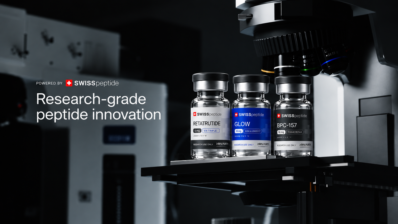 Powered by Swiss Peptide — Research-grade peptide innovation. Retatrutide, Glow and BPC-157 research vials beside a microscope.